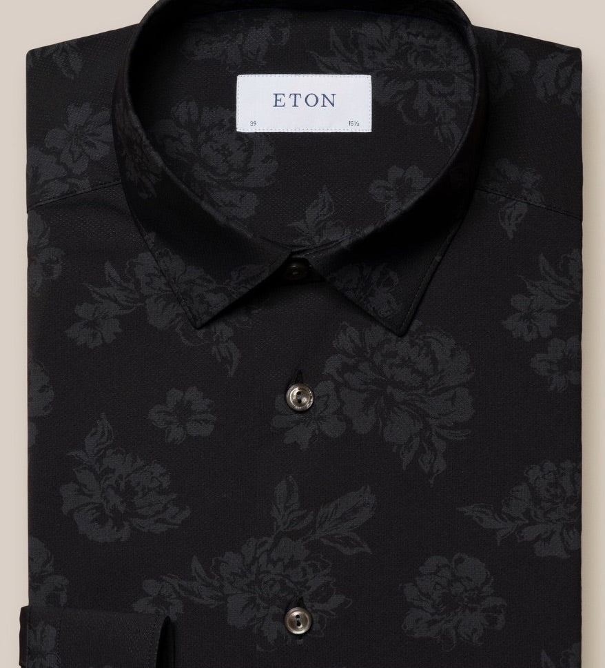 Eton Black Floral Print Four-Way Stretch Shirt