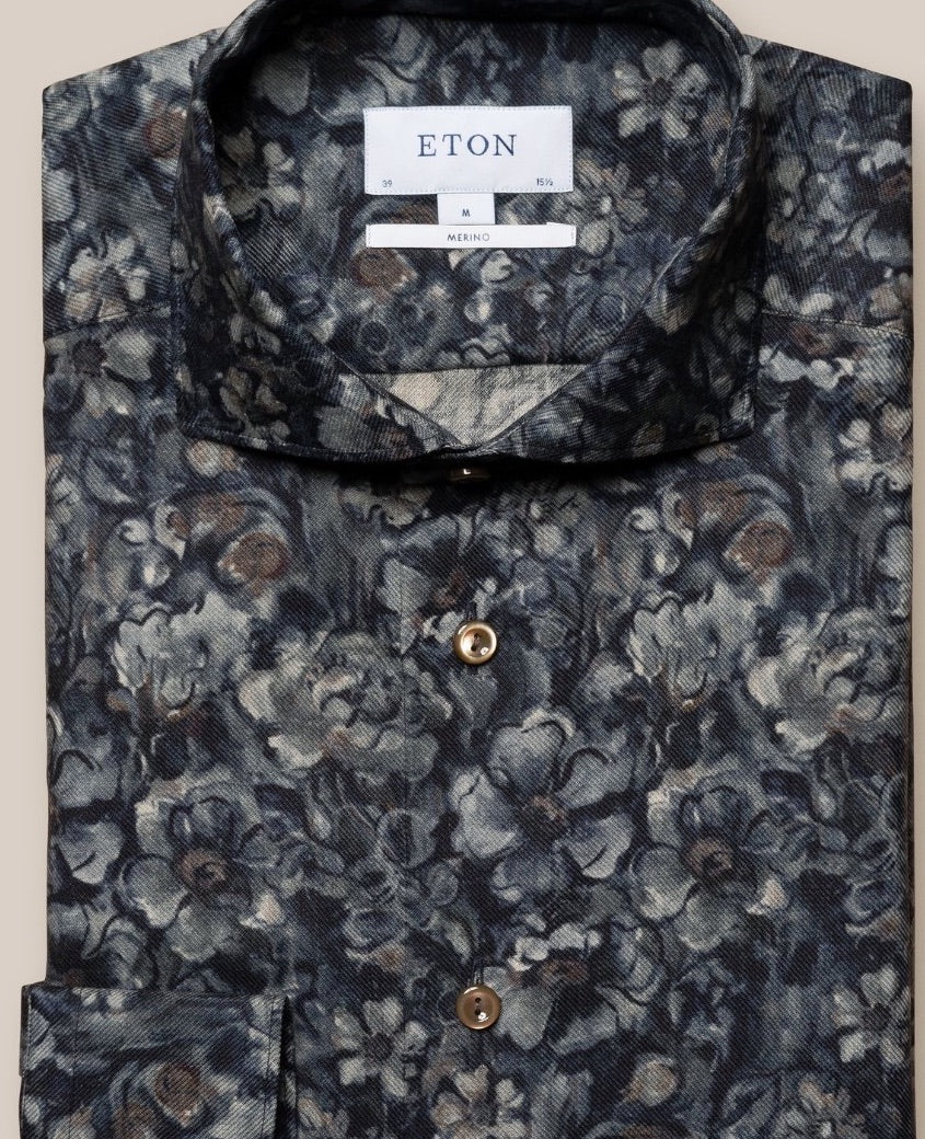 Eton Dark Blue Floral Print Merino Shirt