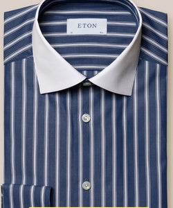 Eton Mid Blue Striped White Collar Fine Poplin Shirt